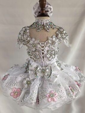 White Embellished Childs Pageant Gown with Pink Floral Accents